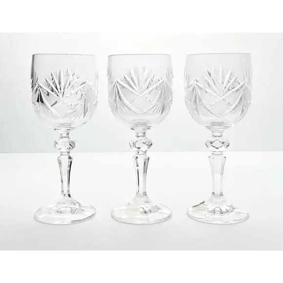 1980s Vintage 3 Crystal Wine Glasses 6 3/4” 8oz Fan & Cross Hatch Cuts, Barware - Picture 2 of 5
